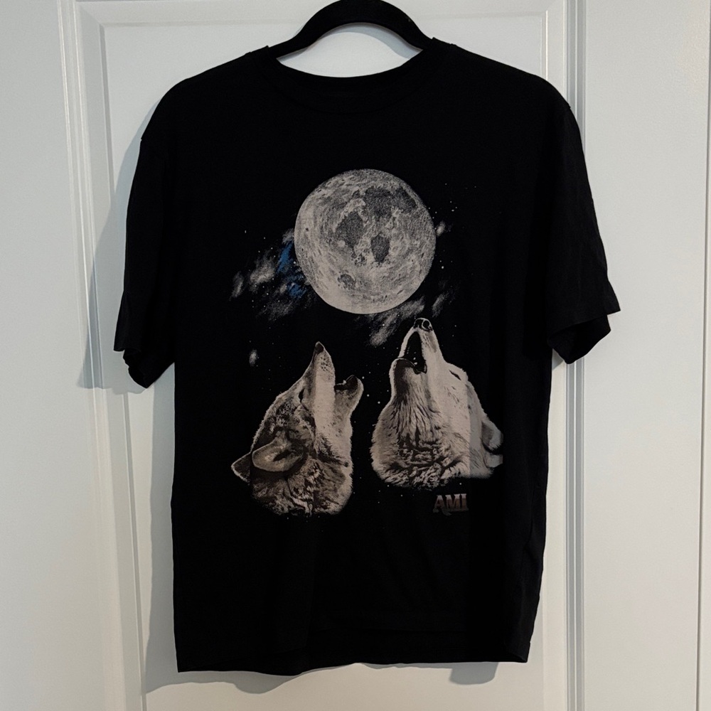 Ami Alexandre Mattiussi Black Graphic T-Shirt with Wolves and Moon